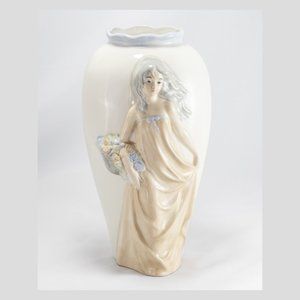 Vintage 10.5″ Sanbo Spain Vase – Girl with Bouquet, Blue & White Floral Décor